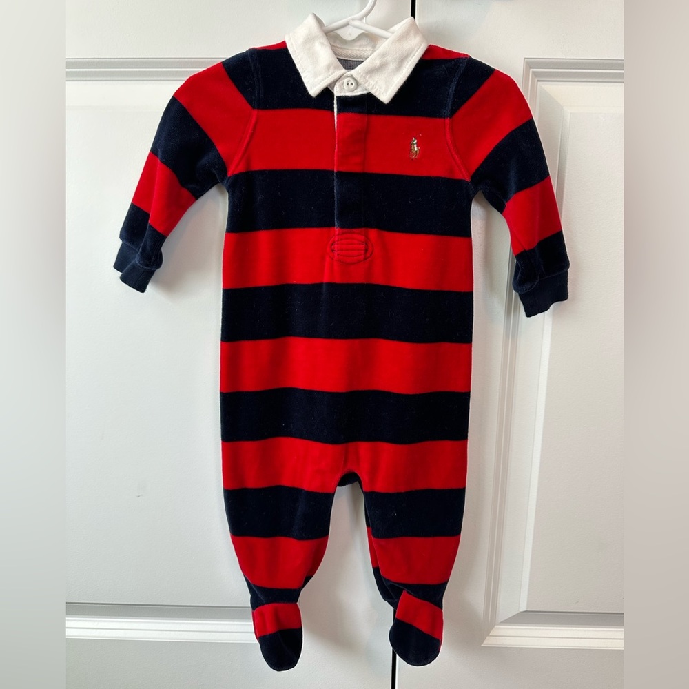 Ralph Lauren Navy and Red Striped Velour One Piece Size 6 Months